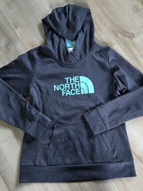 The North Face Pullover Hoodie Charcoal Gray Teal Aqua Logo Women’s Medium